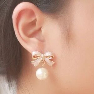 Dainty Gold Pink Enamel Bow Pearl Drop Studs